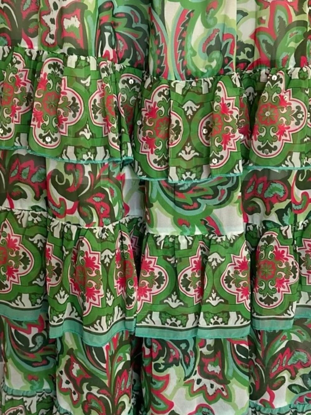 Boston Proper Palma De Scrolls Print Ruffle Tiered Maxi Dress Sequin Large NWT - Picture 3 of 8